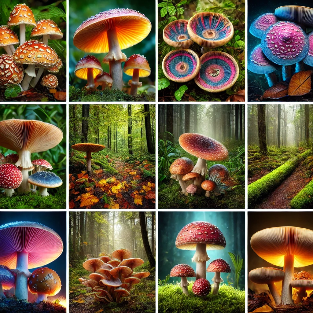 A close-up image of various types of magic mushrooms, showcasing their unique shapes and colors, representing the topic of psychedelic fungi and their effects.