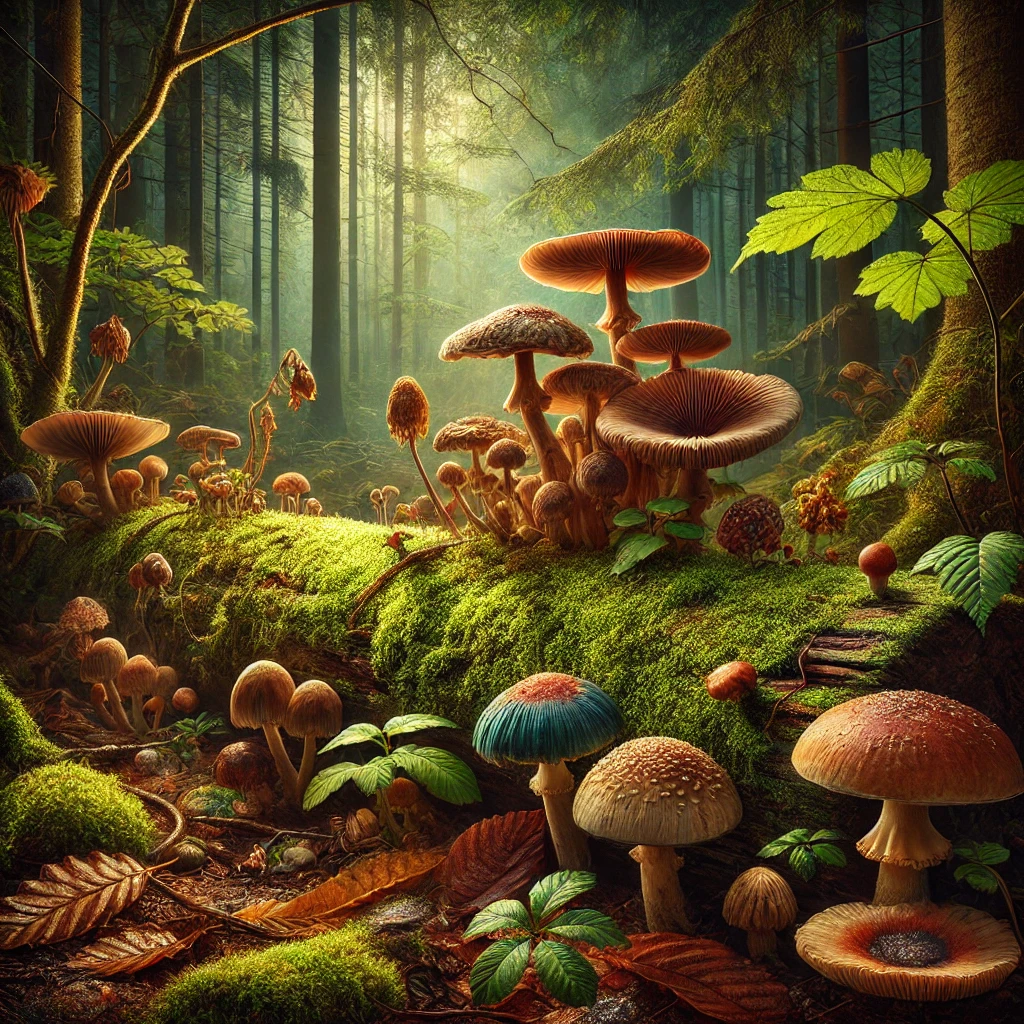 A close-up view of various magic mushrooms growing in their natural habitat, showcasing their unique shapes and colors among the surrounding vegetation.